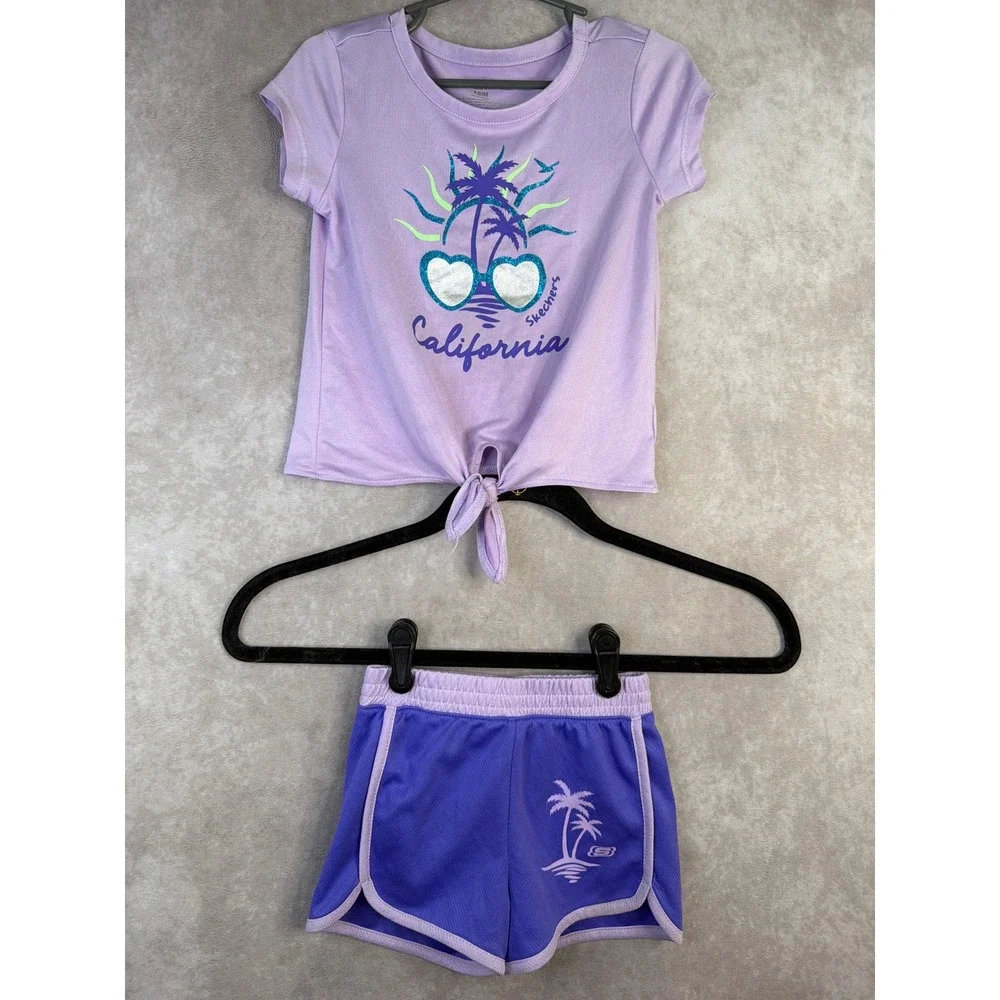 Skechers Short Set Girls 18M Purple California Palm Tree Tie Front Mesh 2PC